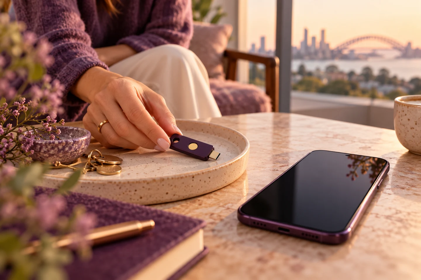 A hardware security key and blank mobile screen beside a ceramic tray