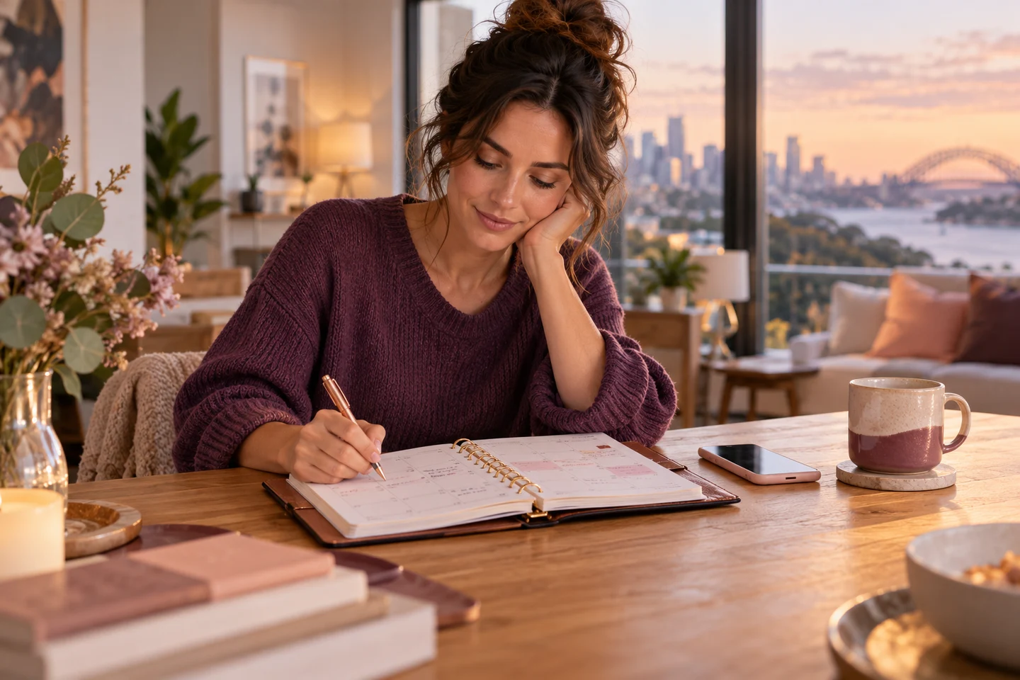 An adult checking renewal dates in a paper planner beside a smartphone