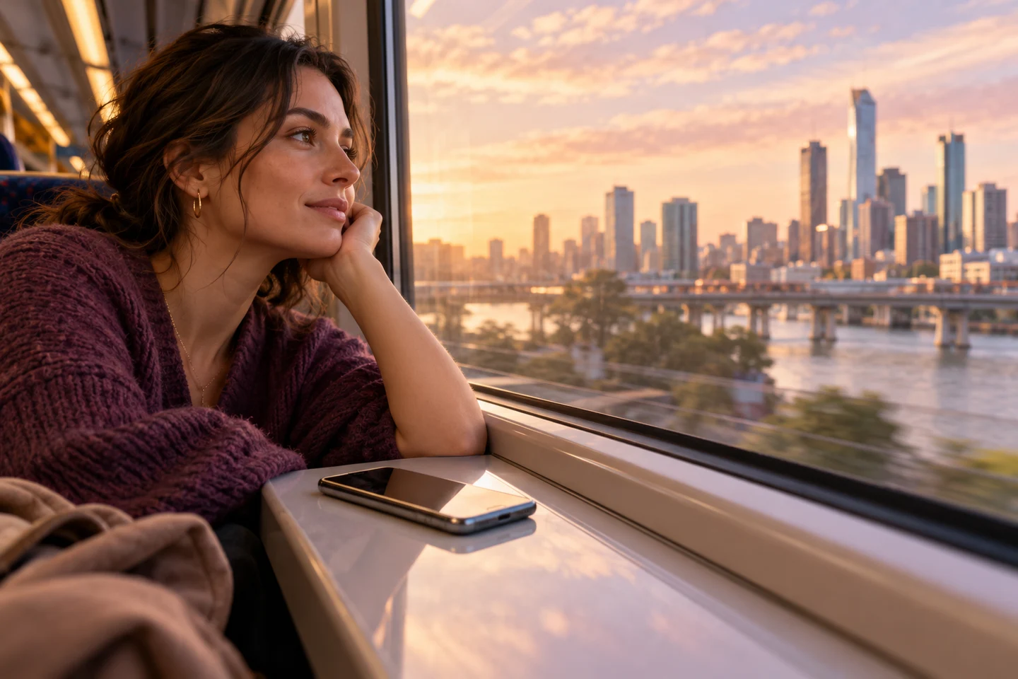 A phone resting beside a train window with a softly blurred city outside