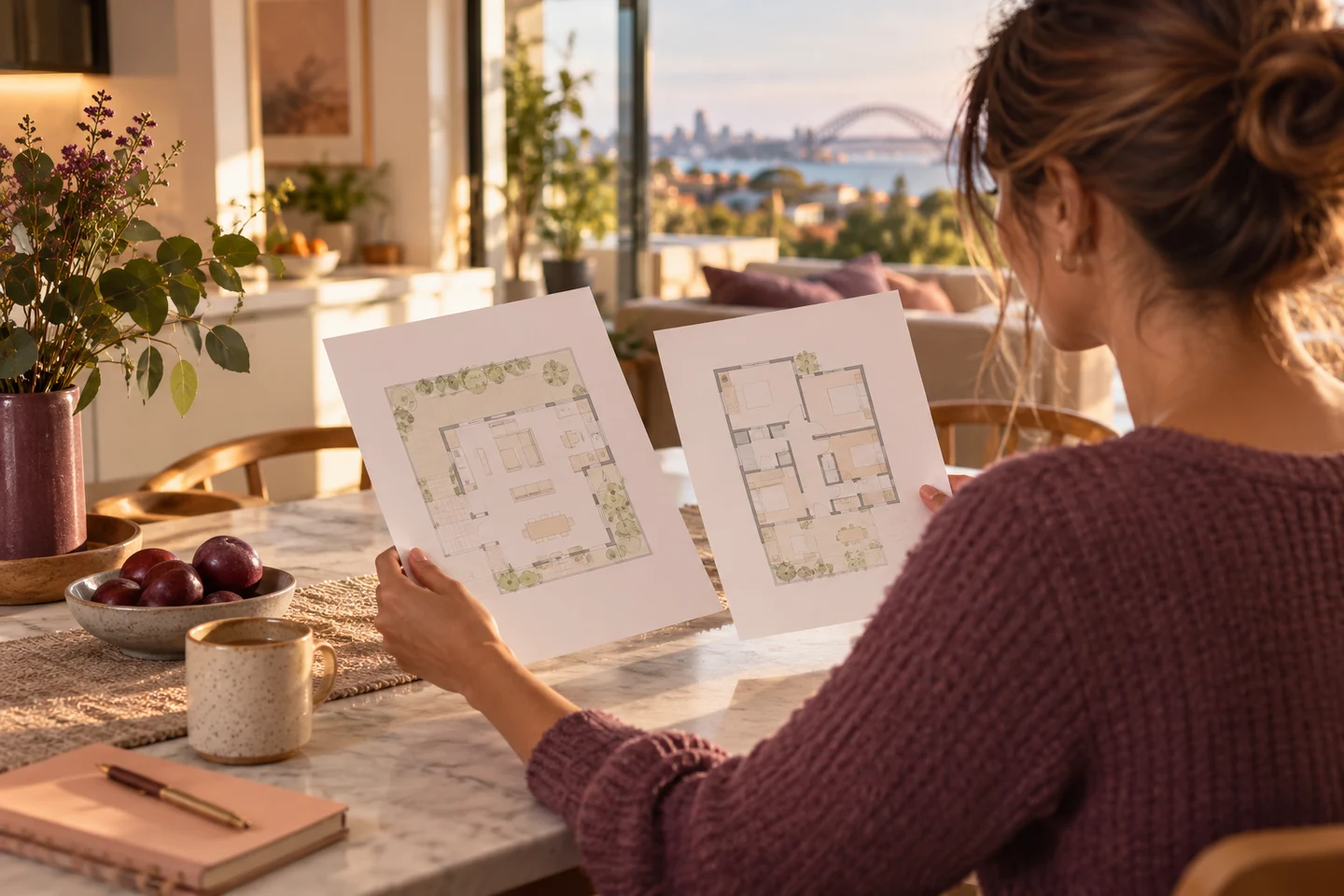 A person comparing two unbranded plan leaflets at a kitchen table